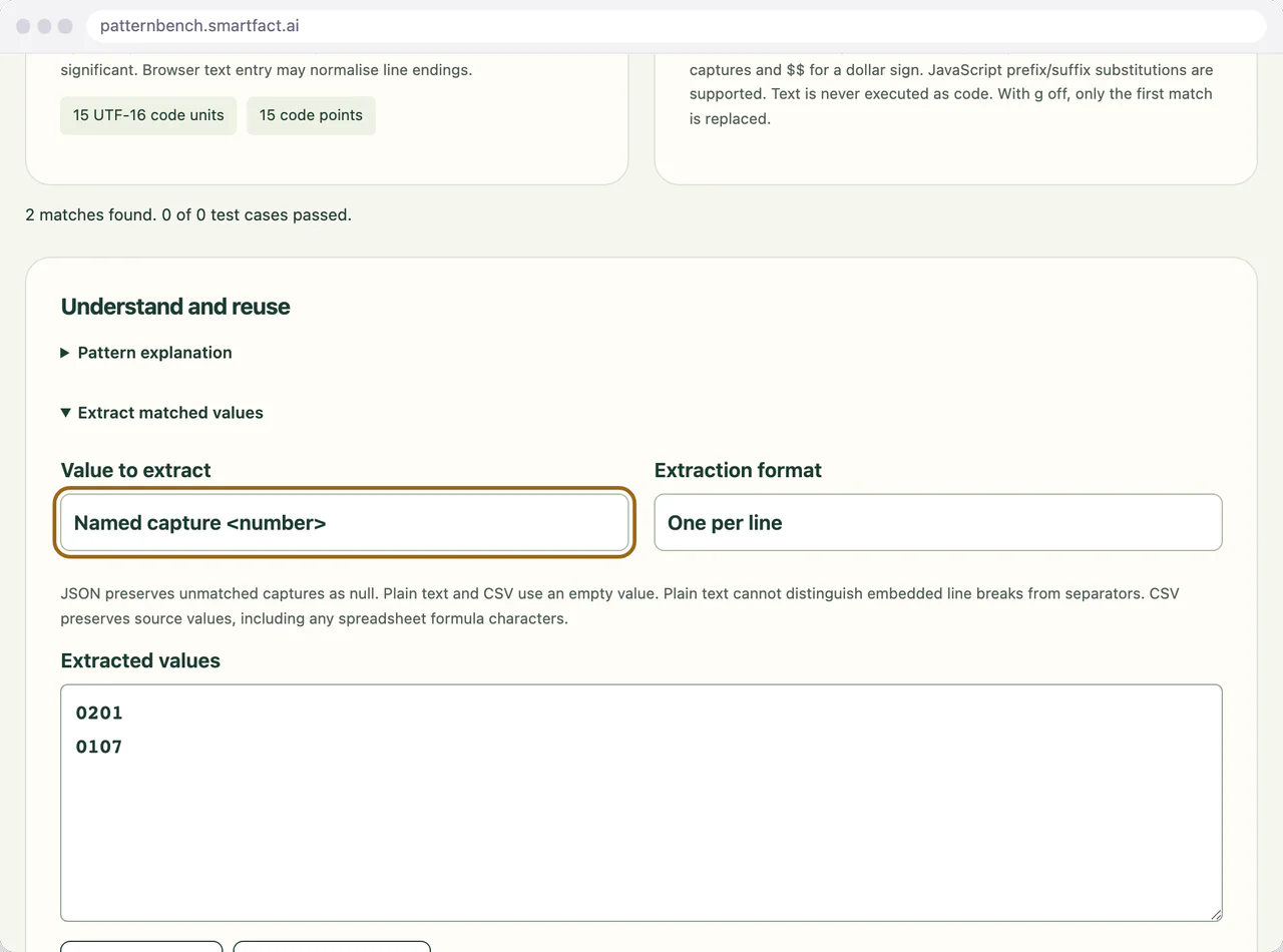 The named number capture selected for extraction.