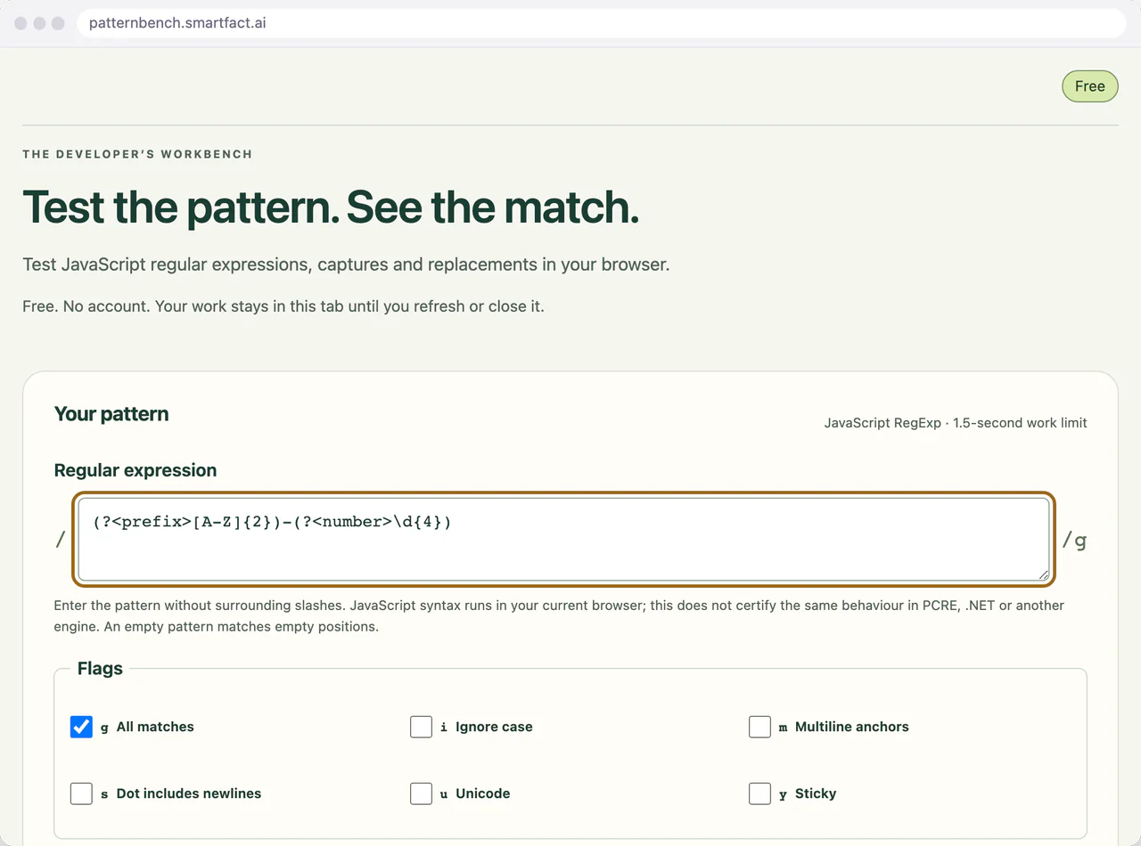 A JavaScript pattern with prefix and number capture groups.