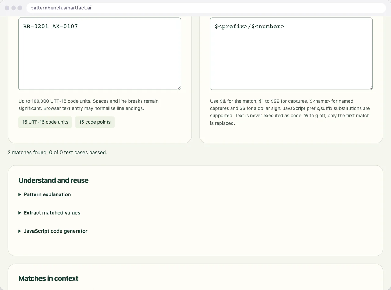 JavaScript matches and their replacement preview.