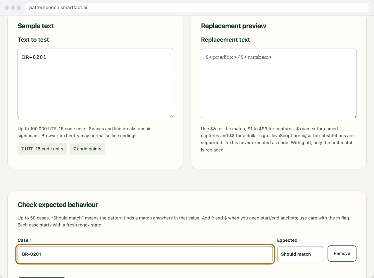 An expected matching reference entered as a case.